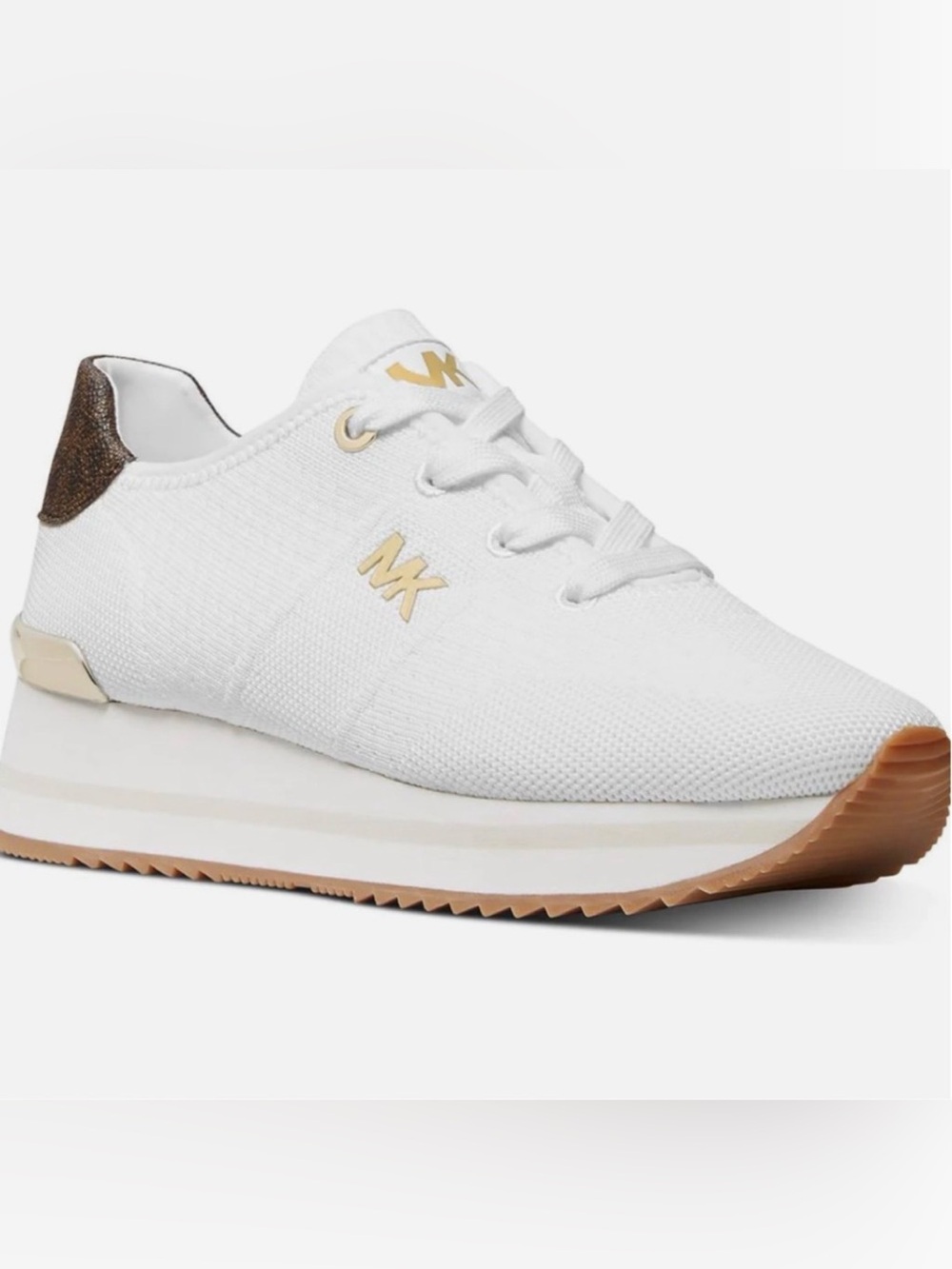 Michael Kors White Knit Trainer with Gold MK Accents and Brown Heel